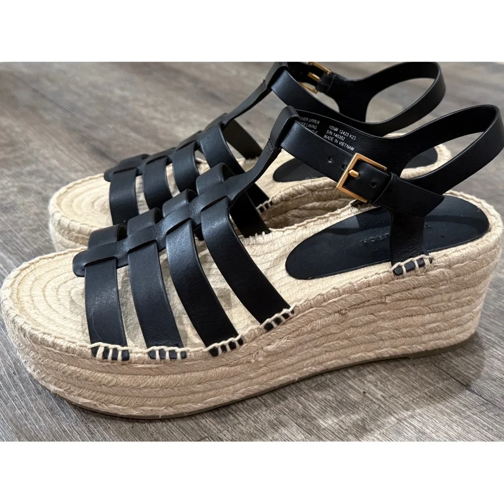 Tory Burch Fisherman Espadrille Platform Wedge Sandal Black Leather Size 10.5